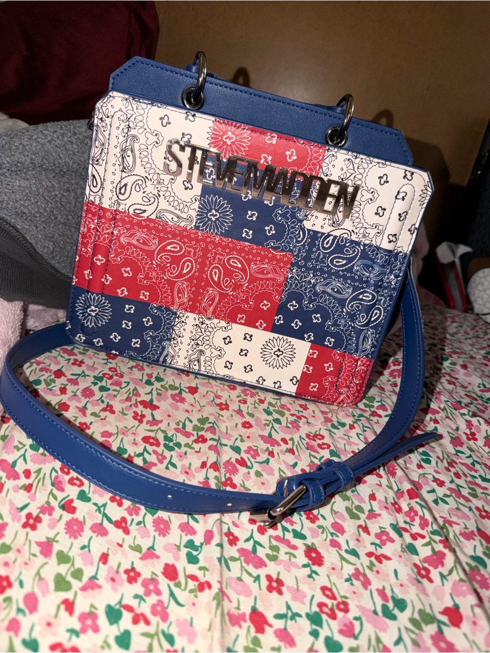 Steve Madden Blue, Red & White Patchwork Bandana Crossbody